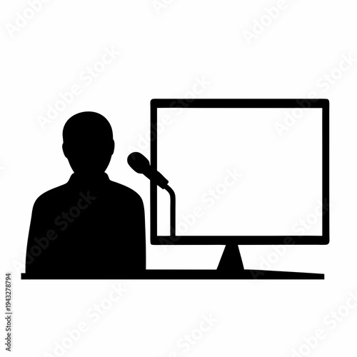Silhouette of a speaker delivering a presentation with a blank monitor screen