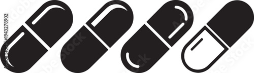 Four black silhouette pill capsules in a row, with one showing a clear outline on its right side