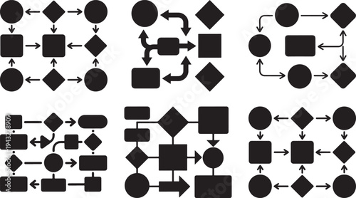 Multiple black and white abstract flowchart diagrams illustrating various process steps and decision paths