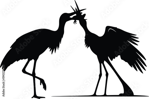 Silhouette two elegant wading birds fighting over a creature wildlife vector design