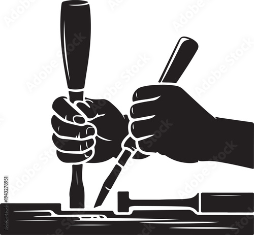 Two hands holding chisels, skillfully carving a deep groove into a wooden surface with precision