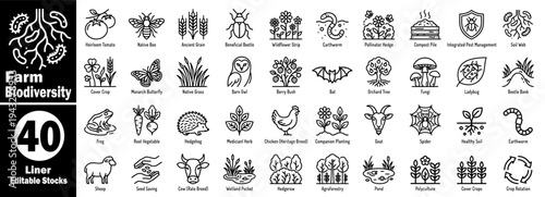 Farm biodiversity linear icons pack. Collection of 40 outline symbols vector illustrator.