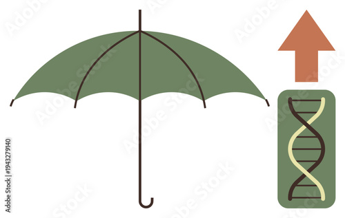 Biosecurity, genetic engineering, healthcare, DNA protection, scientific innovation, biotechnology. Green umbrella and DNA helix with upward arrow. Biosecurity and genetic engineering
