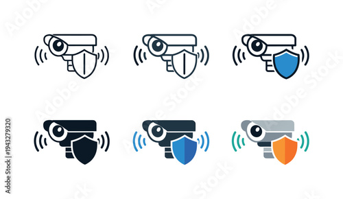 Security camera icons with shield and signal waves, representing surveillance and protection
