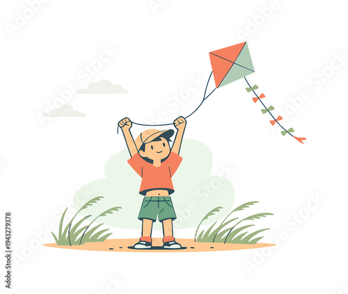 Kite Flying Bliss. Sunny child flies a kite in an open field, arms raised as wind pulls the string and sward bends softly nearby