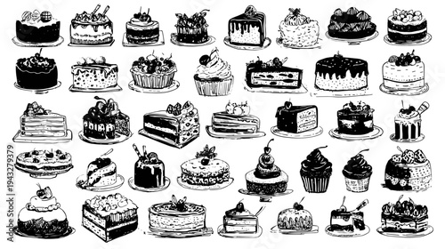Hand-drawn collection of cakes and desserts