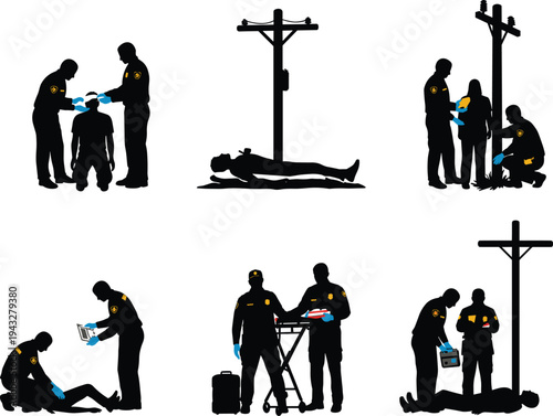 Police officer silhouette, law enforcement scene, emergency response, investigation, evidence collection, public safety, urban security illustration