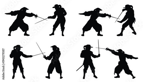 Two musketeers dueling with swords in silhouette, dynamic fight scenes