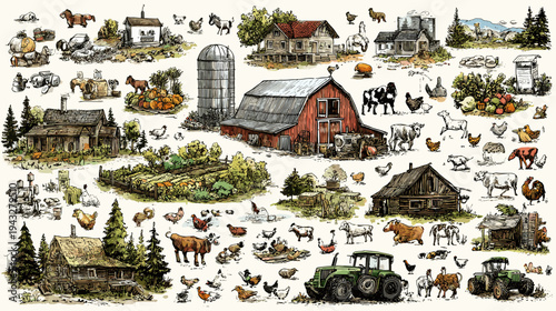 Vibrant farm scene illustration with animals and crops