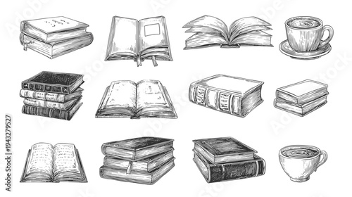 Hand-drawn books and coffee collection