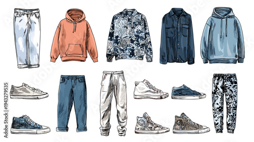 Collection of casual clothing and sneakers