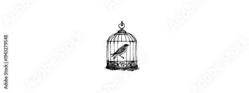 minimalist bird in cage vector illustration isolated on white background