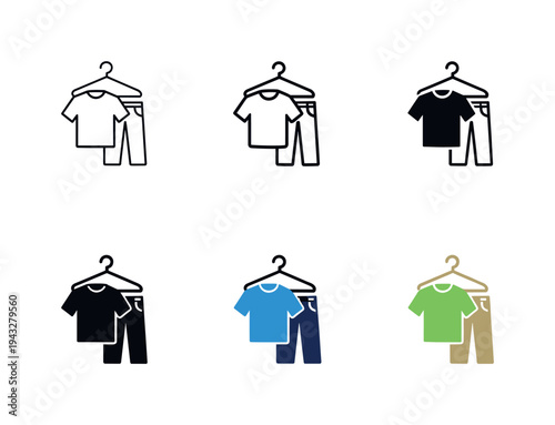 Everyday fashion icon depicting a T-shirt and pants on a hanger, symbolizing casual clothing, informal style, and relaxed apparel