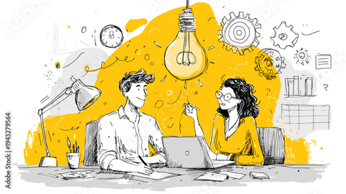 creative team brainstorming ideas with lightbulb and gears vector illustration