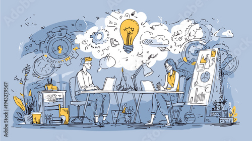 creative team brainstorming ideas with lightbulb and gears vector illustration