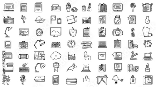 Hand-drawn office and study icons collection