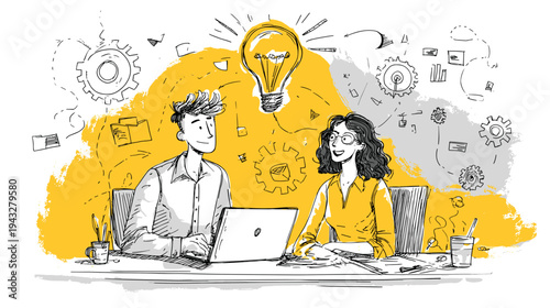 creative team brainstorming ideas with lightbulb and gears vector illustration