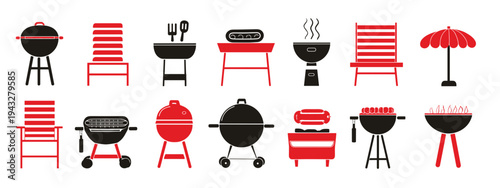 flat design barbecue and outdoor cooking icons vector illustration set