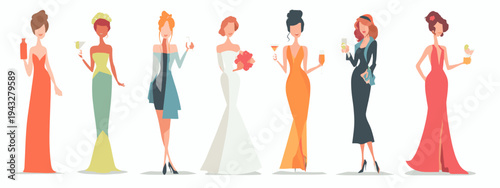 set of five diverse women in elegant evening gowns vector illustration