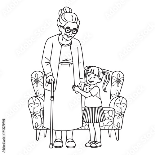 Black and white line art vector illustration of a happy grandmother with glasses and walking stick standing next to a smiling granddaughter, with a floral armchair in the background