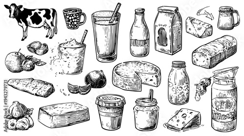 Variety of dairy products and cow illustration