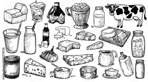 Hand-drawn dairy products and beverages collection