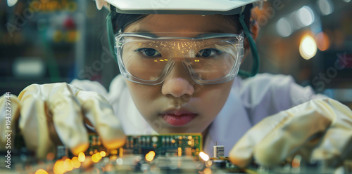 Focused Female Engineer in Protective Gear Inspecting Microchip Component in Advanced Manufacturing Plant.