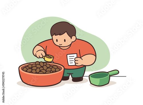 Cute cartoon boy measuring coffee beans with a scoop and checklist, preparing for brewing