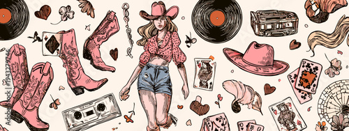 vintage cowgirl summer fashion accessories vector illustration