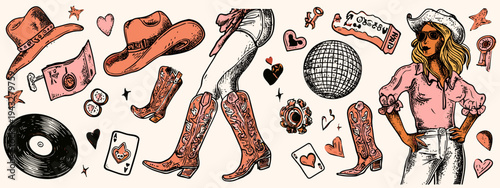 vintage western cowgirl doodles and desert elements vector illustration