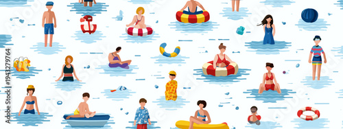 summer beach vacation activities and water sports flat design vector illustration