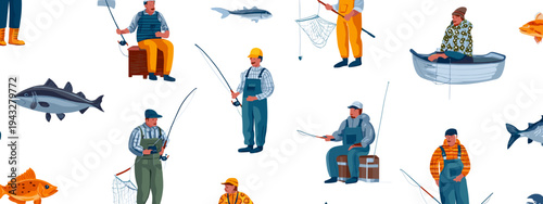 fisherman gear and equipment flat design vector illustration set