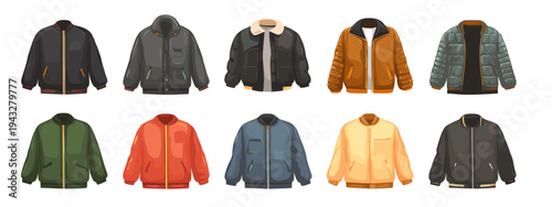 set of colorful winter jackets flat design vector illustration isolated on white