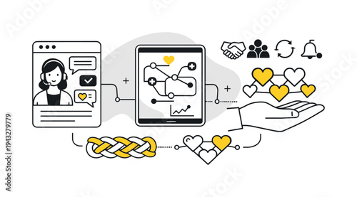 Modern minimal flat vector conceptual collage, crisp hard edges, consistent THIN outline stroke, rounded corners where needed,