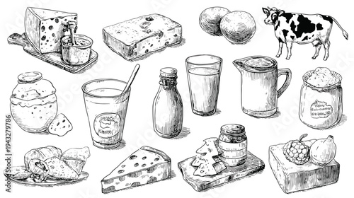 Hand-drawn dairy products collection