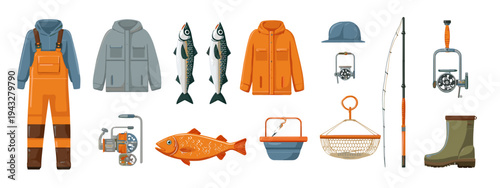fisherman gear and equipment flat design vector illustration set