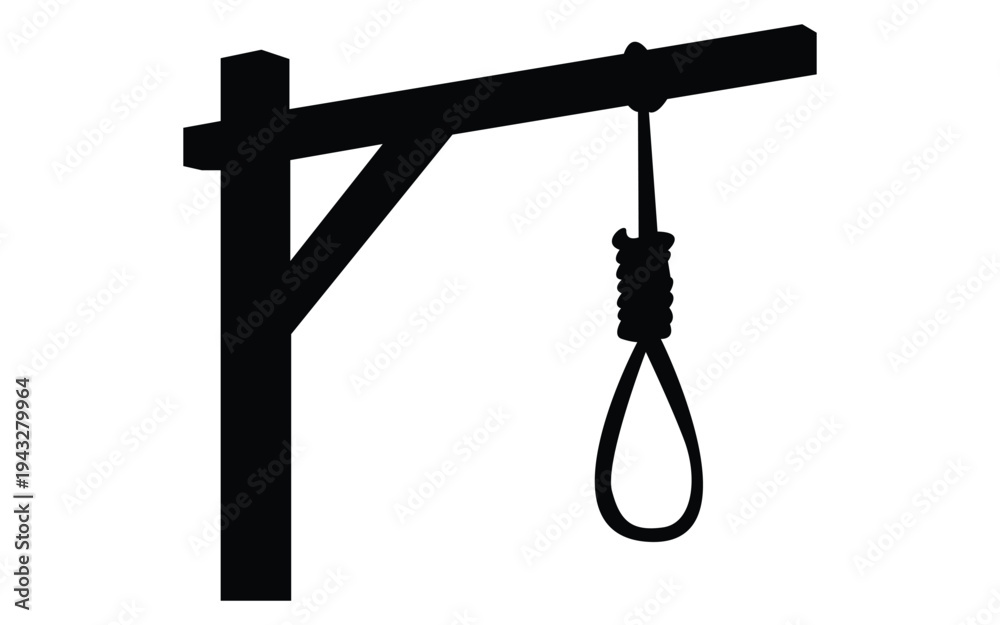 Naklejka premium Silhouette of wooden gallows structure with hanging rope noose on white background