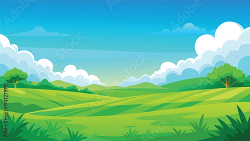 A vibrant and lush green field with rolling hills under a clear blue sky with fluffy white clouds Vector