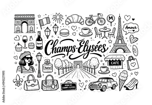 Champs-Élysées Paris doodle art with iconic landmarks and Parisian lifestyle elements