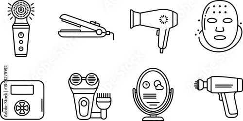 Icon set of various beauty and personal care tools and devices