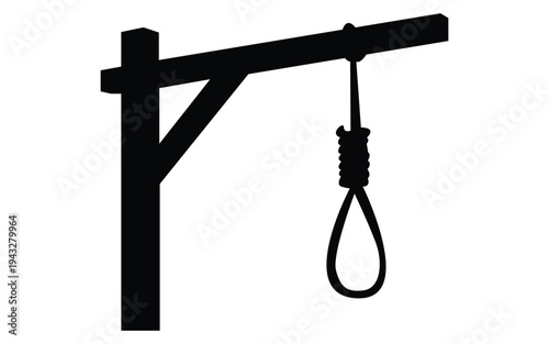 Silhouette of wooden gallows structure with hanging rope noose on white background