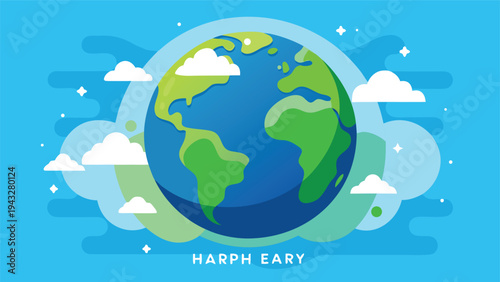 A vibrant and colorful illustration of the earth surrounded by clouds and a banner. Vector