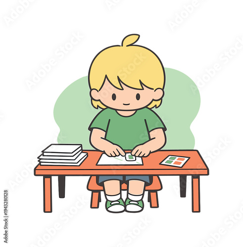 Cute cartoon child with blonde hair doing craft at a small wooden desk with papers