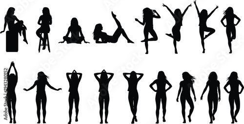 Women silhouette set of various poses standing sitting and dancing for fashion design cad drawing flat vector illustration template collection