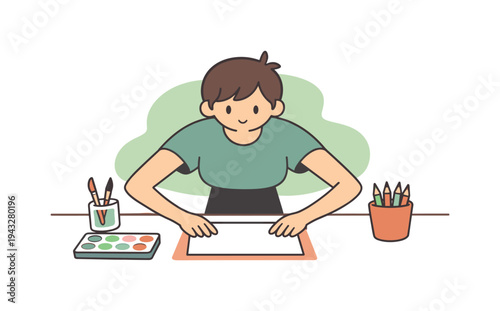 Inside child prepares art supplies at a table, arms reaching forward, materials arranged with care. | art supplies, preparing art