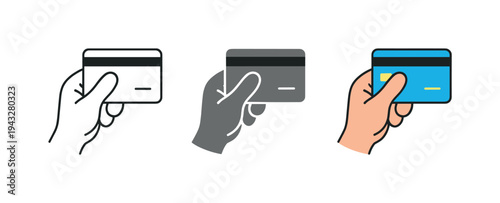 Choosing action conveyed through a hand holding a credit card with rounded corners and stripe, same shape displayed side by side