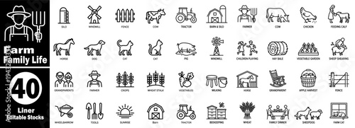 Agricultural life outline icons set, with forty professional strokes vector illustrations.