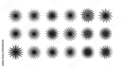 Abstract Starburst Graphics: A collection of black and white abstract starburst graphic elements, resembling exploding fireworks or radiant suns, arranged in a grid on a white background.