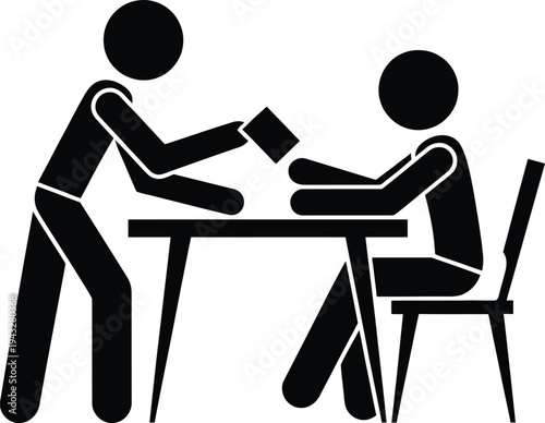 Two people sitting at a table shaking hands