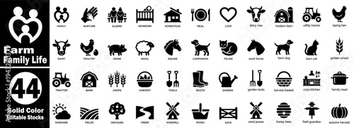 Farm family life icons set, with forty-four silhouettes, vector illustrator.
